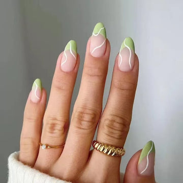 French-Style Press-on Nails with Green Trim & White Waves