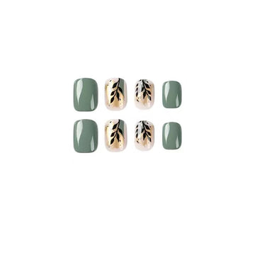 Light green square press-on nails with gold foil accents