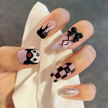 Black-and-pink panda-patterned short square nails