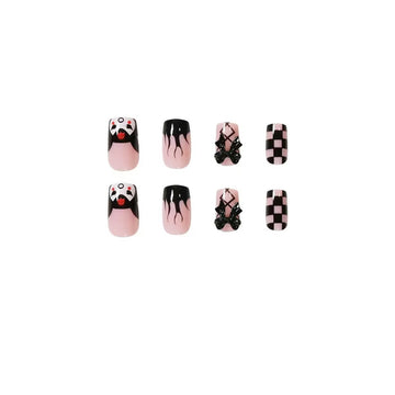 Black-and-pink panda-patterned short square nails