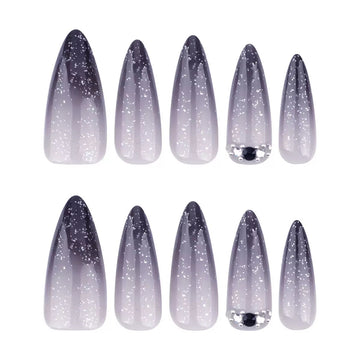 Silver glitter stiletto nails with glossy texture