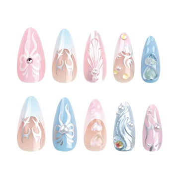 Pastel blue-pink stiletto nails with glitter