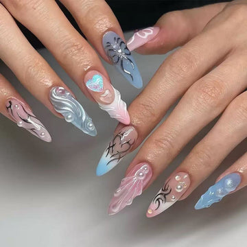 Pastel blue-pink stiletto nails with glitter