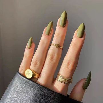 Olive green nails with minimalist decor