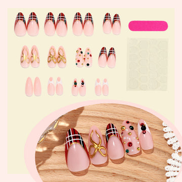 Plaid French Tip Nails with Gold Bow & Jewel Accents