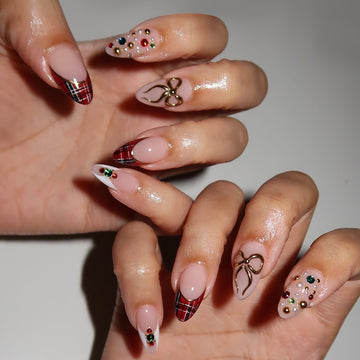 Plaid French Tip Nails with Gold Bow & Jewel Accents