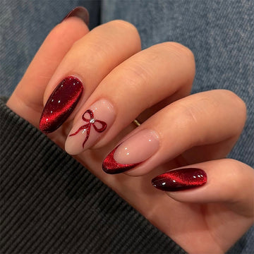 Ruby Red Chrome French Nails with Bow Accent