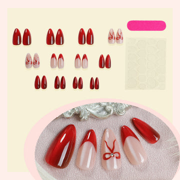 Ruby Red Chrome French Nails with Bow Accent